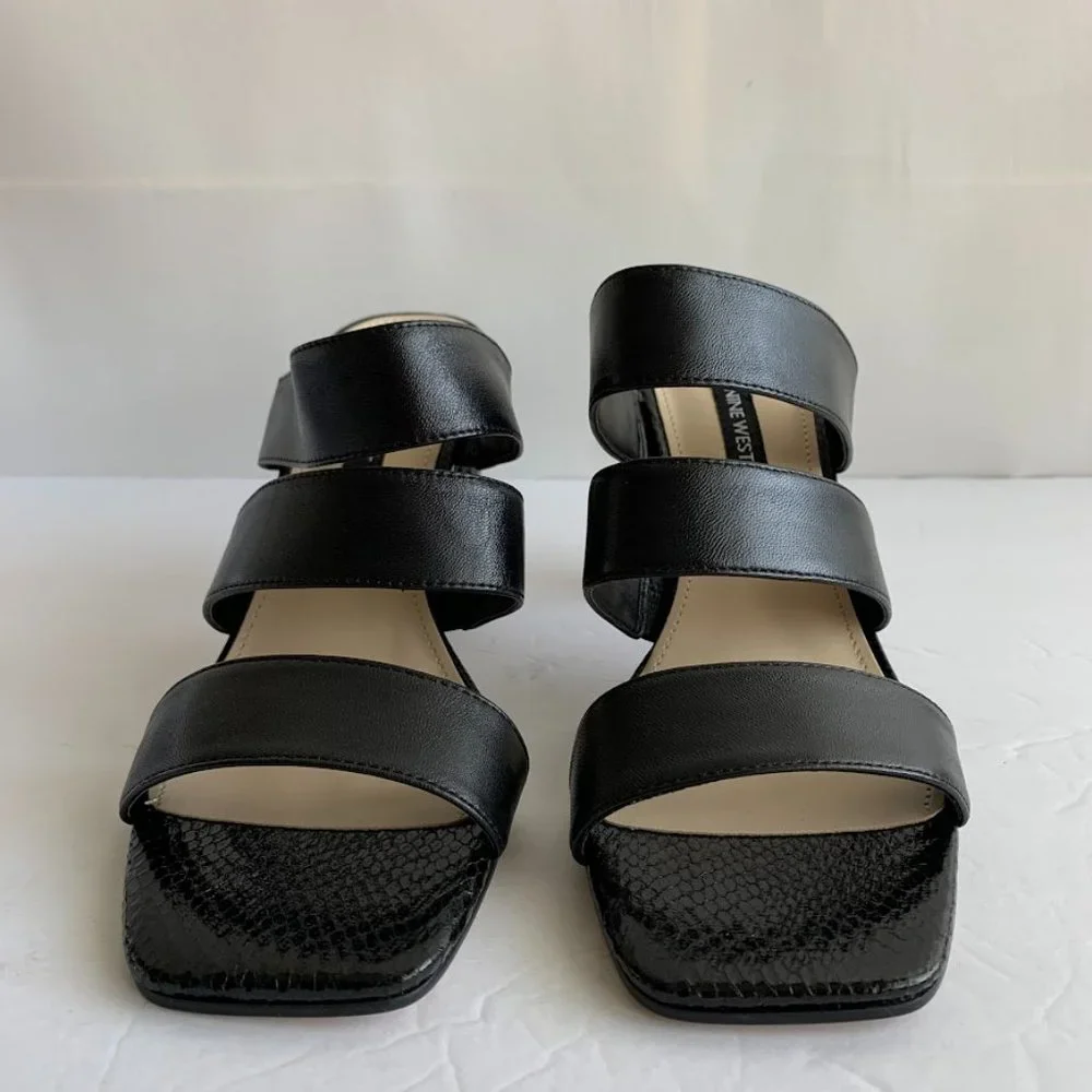 Nine West Lora Black Leather Open Toe Snake Print Sandals Heels - Sz 10 M - NEW - Picture 5 of 8